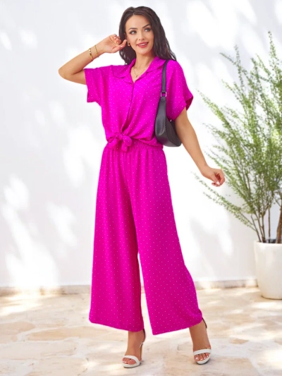 Royalfashion Ensemble femme avec une chemise à manches courtes nouée et un pantalon évasé orné de strass