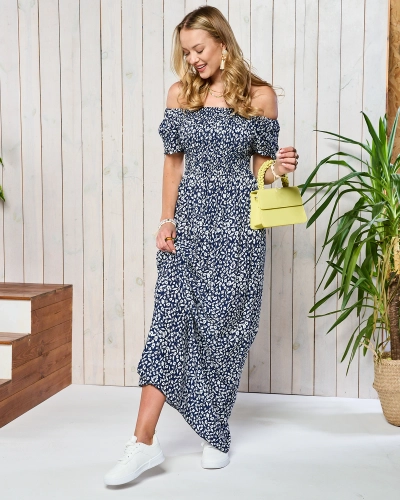 Robe midi bleu marine à motif floral pour femme - Vêtements