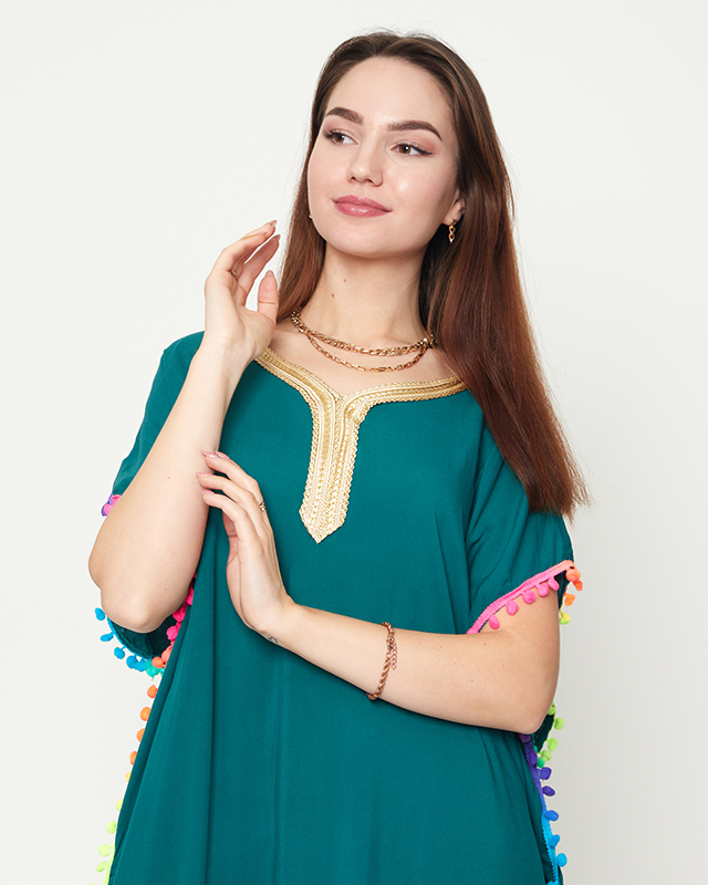Tunique de plage été femme vert foncé à pompons - Vêtement