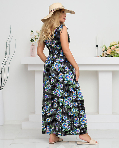 Robe longue femme noire à fleurs bleues - Vêtements