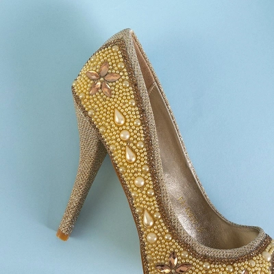 OUTLET Escarpins femme en brocart or avec zircons et perles Gitana - Chaussures