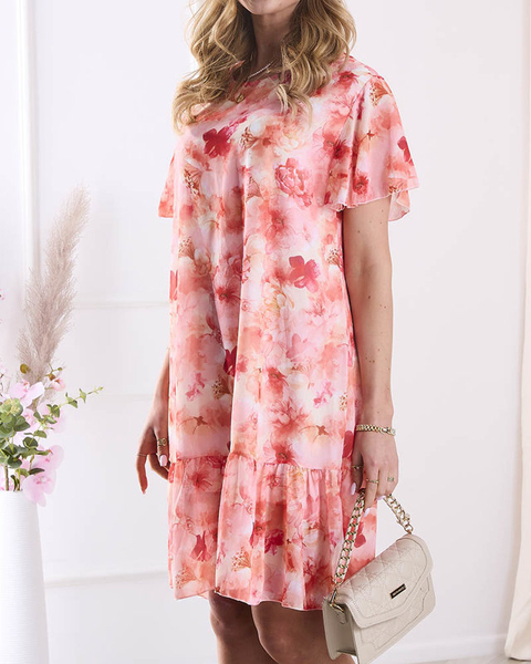 Robe femme au genou avec imprimé et volants en orange- Vêtements