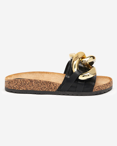 Claquettes d'été Ariadne Royalfashion avec une grande chaîne dorée, cuir noir