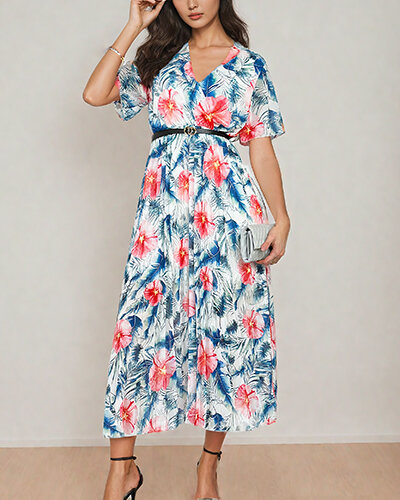 Royalfashion Robe midi plissée à motif floral pour femme