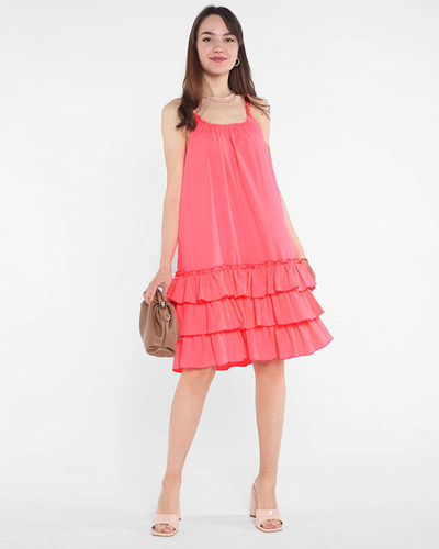 Robe femme rose fluo à bretelles avec volants - Vêtements