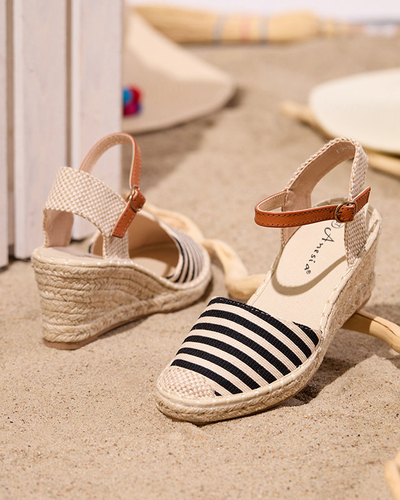 OUTLET Espadrilles femme noires à rayures sur le compensé Mecera - Chaussures