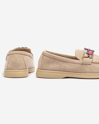 Mocassins pour femmes en daim écologique marron clair avec cristaux décoratifs Nellens- Footwear