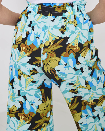 Pantalon palazzo bleu à fleurs colorées pour femme - Vêtements