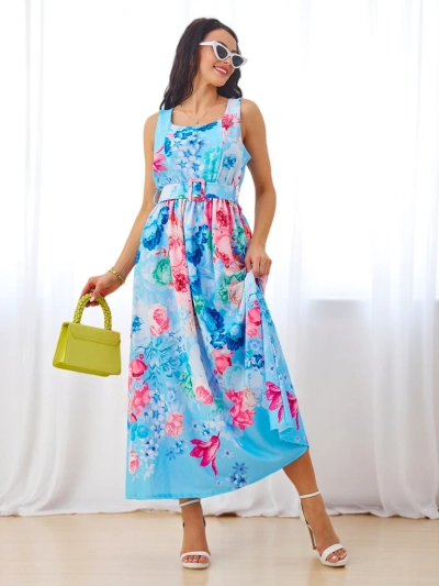 Robe midi en viscose pour femmes Royalfashion avec bretelles, comportant une ceinture dans divers motifs floraux