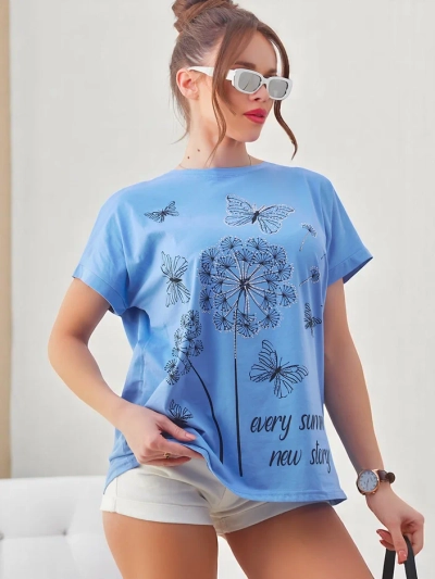 T-shirt en coton Royalfashion pour femmes avec des pissenlits et un papillon