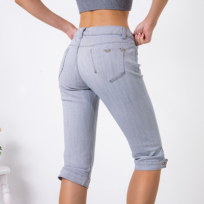 Pantalon denim femme 3/4 gris - Vêtements