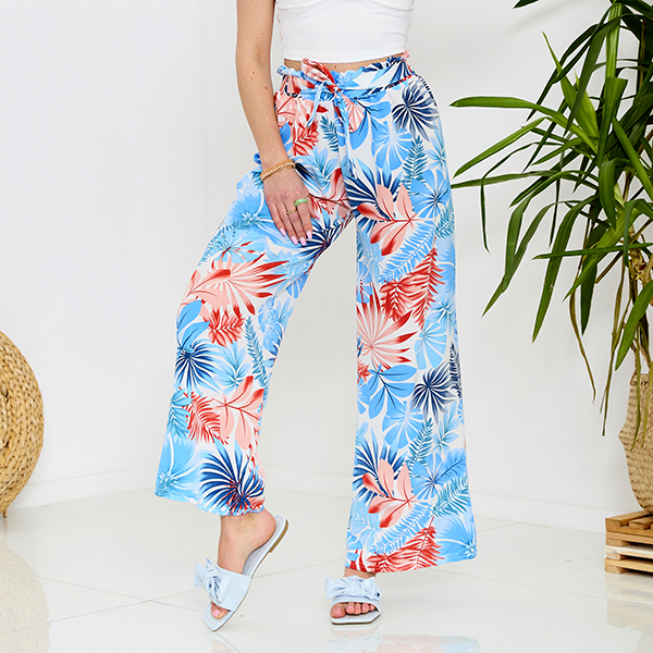 Pantalon palazzo bleu pour femme à motif floral - Vêtements