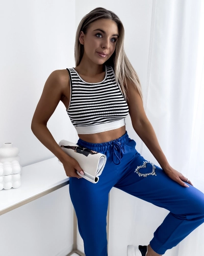 Pantalon de survêtement bleu pour femme avec ornements en zircon- Vêtements
