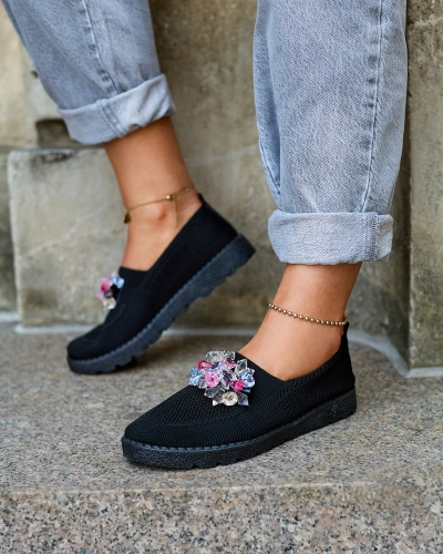 Royalfashion Mocassins en tissu noir pour femme avec cristaux Fezens
