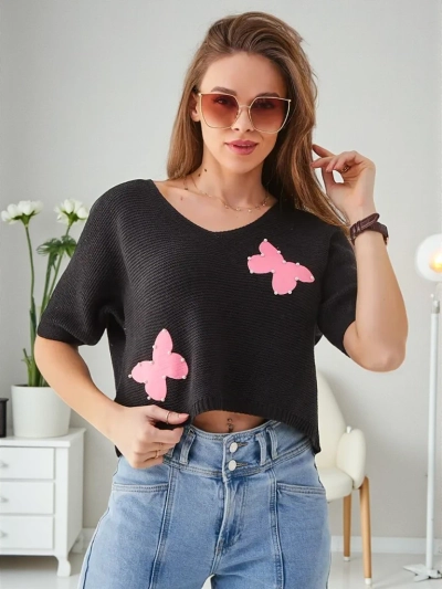 Royalfashion Pull court en coton pour femmes avec des papillons