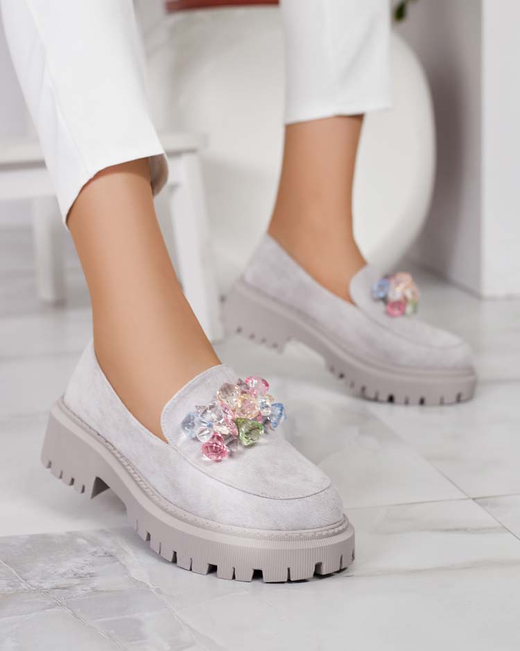 Mocassins gris clair pour femmes avec perles colorées Hetika - Footwear