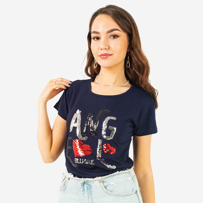 T-shirt femme bleu marine avec inscription sequins - Vêtements