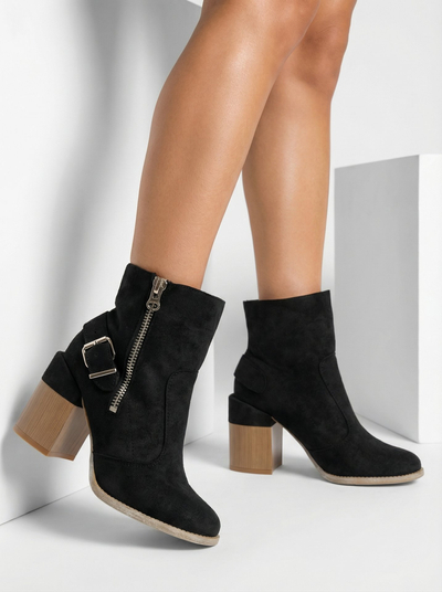 Royalfashion Bottes hautes à talon aiguille pour femmes en daim écologique noir Acimra