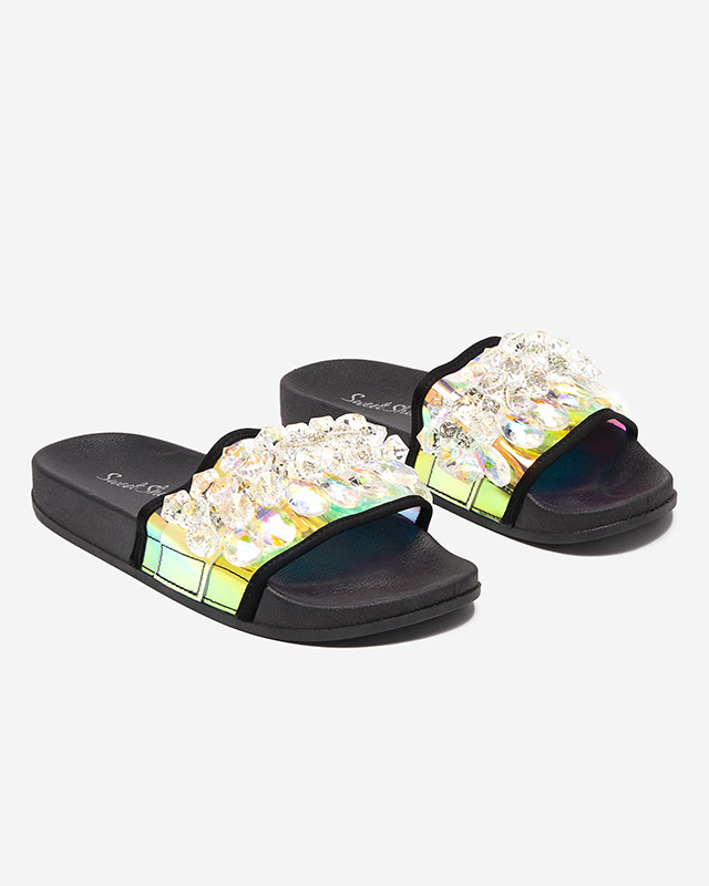 OUTLET Pantoufles en caoutchouc pour femmes noires avec cristaux Omisa - Chaussures