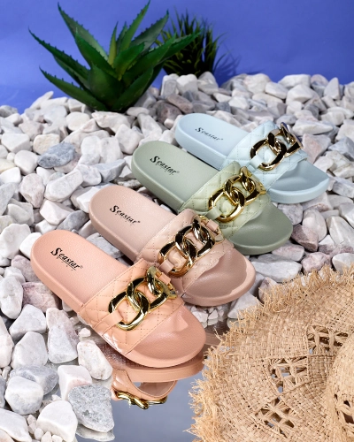 Chaussons matelassés beiges femme avec chaîne dorée Eteris - Footwear