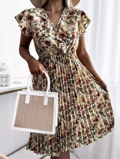 Robe fleurie beige au genou pour femme - Vêtements