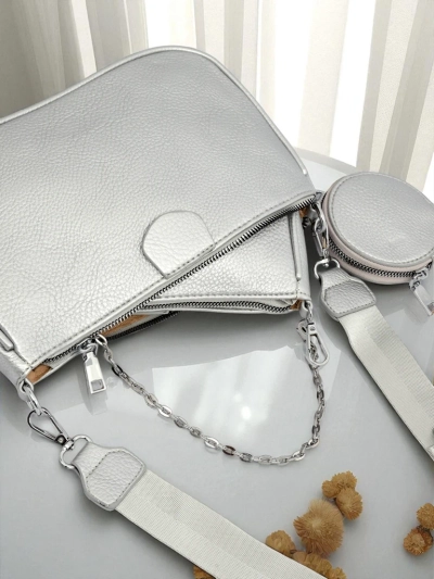 Aurelia Multi Silver – Sac à main pour femmes 3en1 en cuir écologique avec pochette ronde