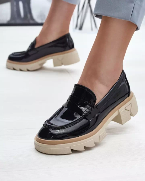 Mocassins en cuir verni écologique pour femme noir Sepop- Footwear