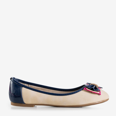 Ballerines fille beiges avec nœud et empiècements bleu marine Motiko - Souliers