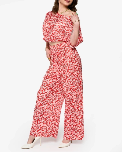 Ensemble plissé rouge à fleurs noires pour femme - Vêtements