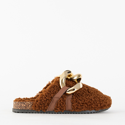 Chaussons pour femmes marron avec manteau en peau de mouton et chaîne Juka - Chaussures