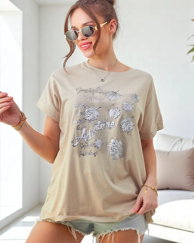 T-shirt en coton pour femmes Royalfashion avec impression de feuilles