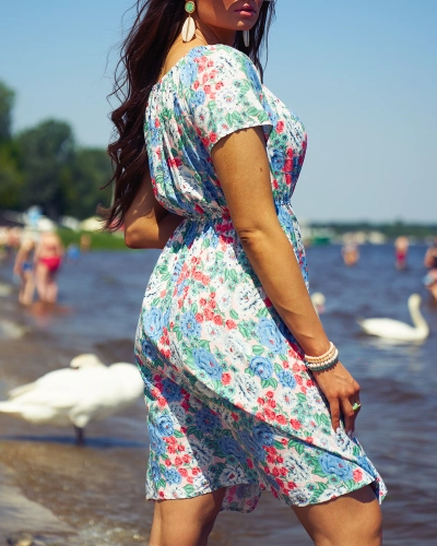 Royalfashion Mini robe florale pour femme a'la hiszpanka en bleu