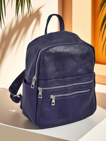 Sac à dos pour femmes Calista Bleu Marine en cuir écologique avec fermeture éclair A4