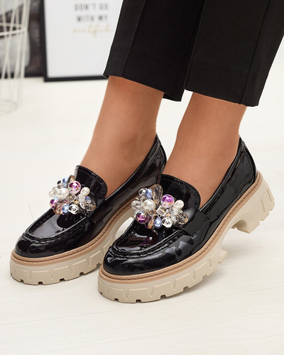 Mocassins pour femmes laqués noirs avec ornement Leliab- Footwear