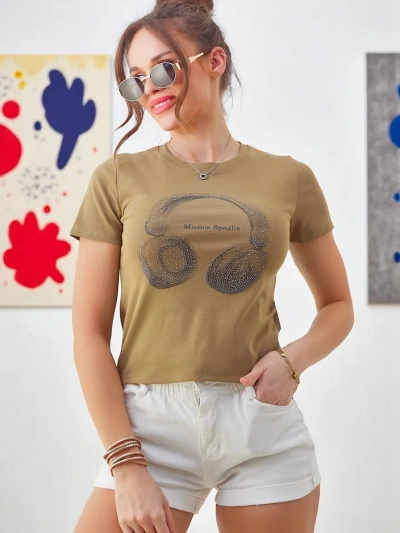 T-shirt en coton Royalfashion pour femmes avec impression Music Speaking