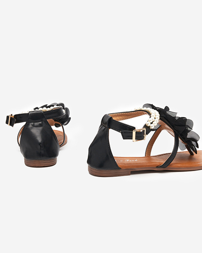 OUTLET Sandales femme noires avec perles et fleur en tissu Amerile - Footwear