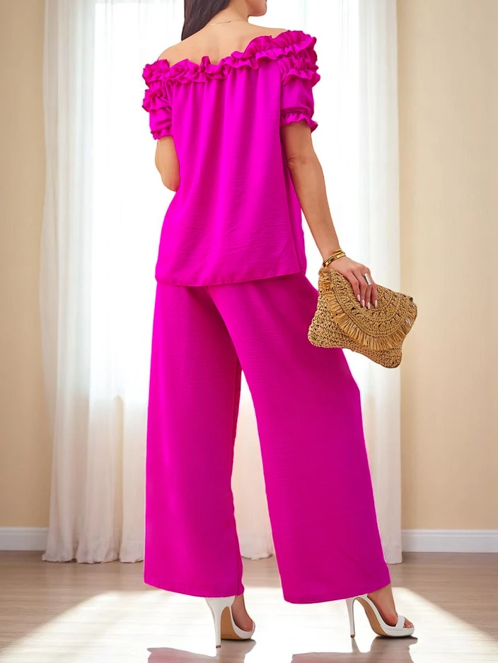 Ensemble Royalfashion pour femmes avec un haut décolleté Bardot à manches courtes et un col décoratif, ainsi que des pantalons larges