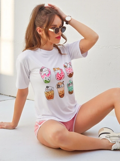 Ensemble de sport Royalfashion pour femmes avec t-shirt et shorts Kitty Cat