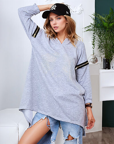 Royalfashion Sweat-shirt surdimensionné pour femme gris avec fermetures éclair
