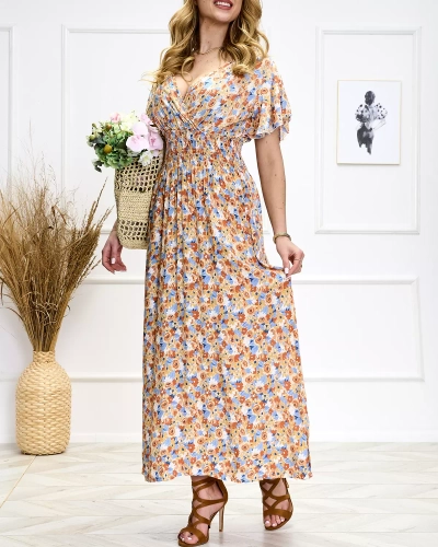 Robe midi fleurie orange et bleue pour femme - Chaussures
