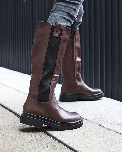 Bottes hautes pour femmes en cuir écologique de couleur marron Orikas - Footwear
