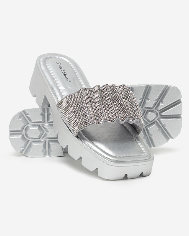 OUTLET Pantoufles argentées pour femmes avec zircons cubiques Emkoy - Footwear