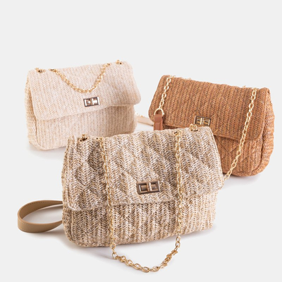 Sac besace tissé beige foncé sur chaîne dorée - Sacs à main