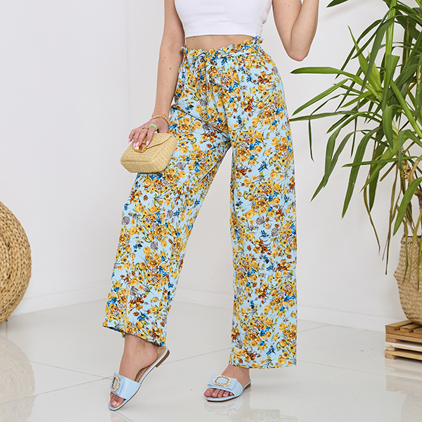 Pantalon palazzo bleu à fleurs jaunes pour femme - Vêtements