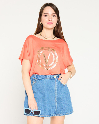 T-shirt femme orange imprimé doré et zircons cubiques - Vêtements