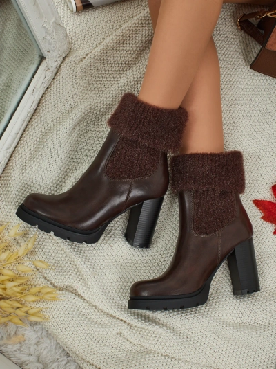 Bottines femme en cuir écologique à talons épais avec tricot Tirave