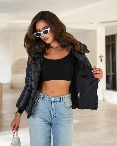 Royalfashion Veste matelassée noire à capuche pour femme