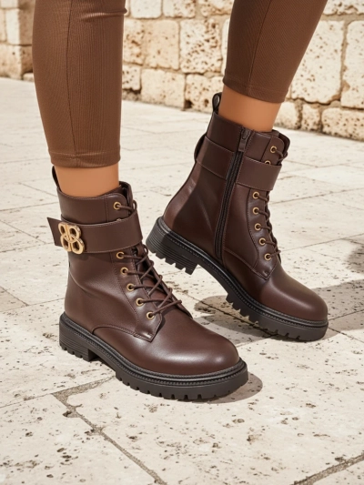 Bottines en cuir Castorina marron avec fermeture éclair, bout rond, cuir écologique