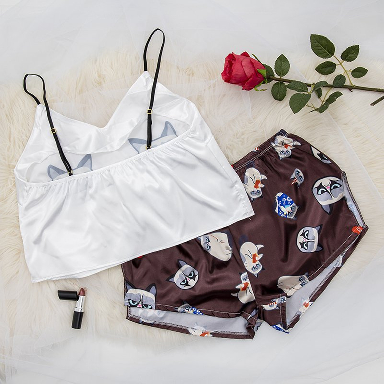 Pyjama femme marron foncé à imprimé chat - Vêtements