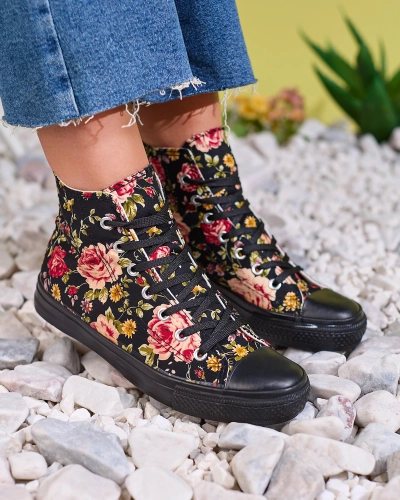 Royalfashion Baskets hautes noires à imprimé floral pour femme Fahenna
